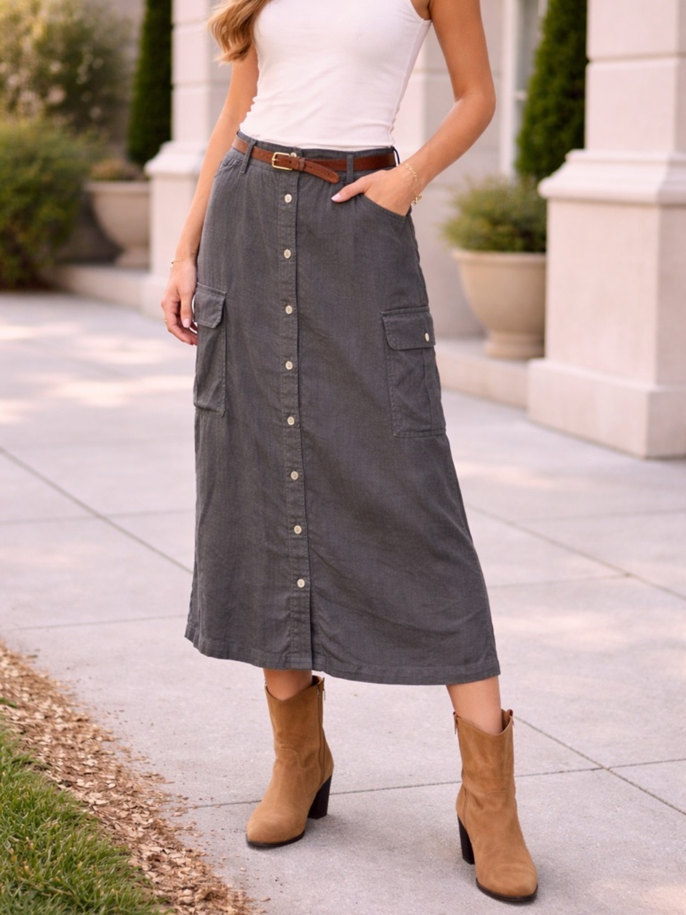 C&C California 100% Linen Button Front Midi Skirt Charcoal Gray XL
